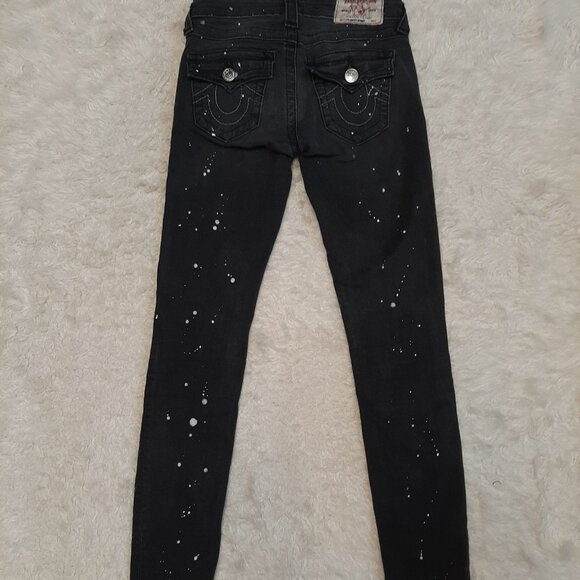 True Religion Woman's Black Supper Skinny Paint Splatter DistresseDenim Jeans 25 - Picture 4 of 11